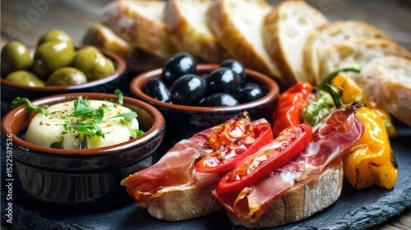 Fototapeta tapas set with jamÃ³n, manchego, stuffed peppers, olives and rustic bread