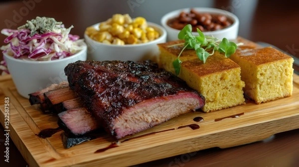 Fototapeta a BBQ set with pulled pork, coleslaw, baked beans and cornbread