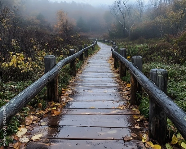 Obraz A wooden walkway leads into a misty forest landscape scene