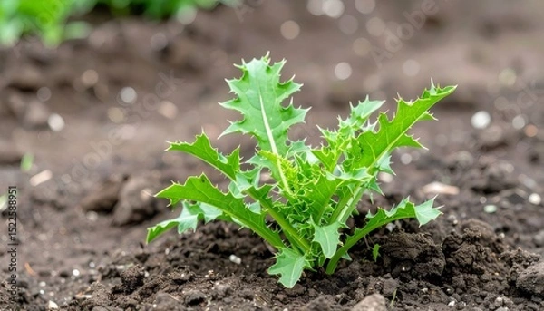 Fototapeta Young thistle sprouting in cultivated field, displaying sharp edged green foliage with delicate emerging spines
