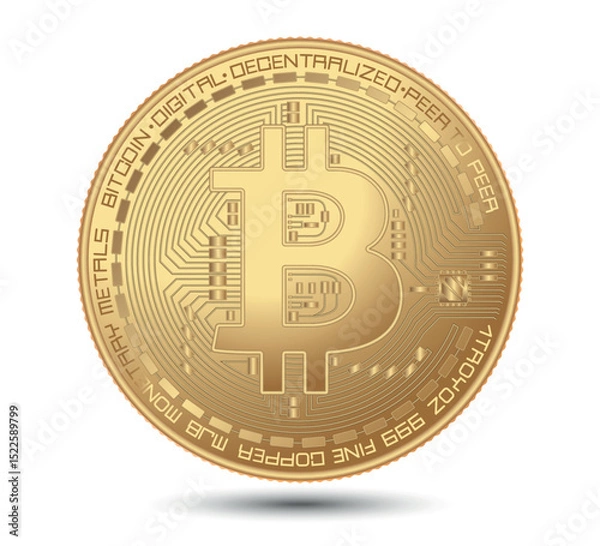 Fototapeta Cryptocurrency gold coin with a bitcoin symbol on the face. Vector illustration. 