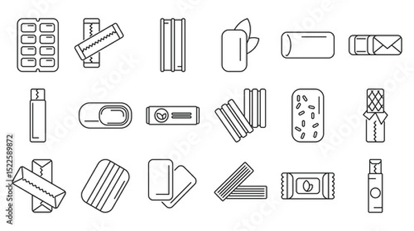 Fototapeta Chewing gum icons set. Various types of chewing gum are displayed, highlighting different packaging styles, flavors, and forms
