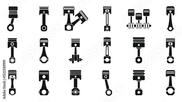 Fototapeta Car engine piston icons set. Collection of various engine pistons, highlighting diverse connecting rod and crankshaft configurations