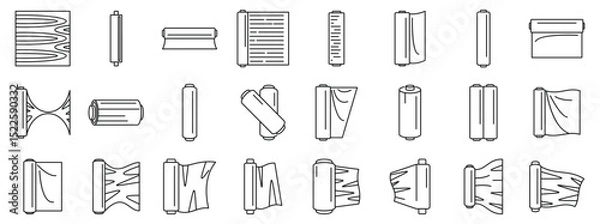 Fototapeta Cellophane stretch film icons set. Different types of roll materials are depicted, showcasing diverse textures, patterns, and potential applications