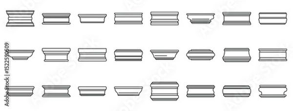 Fototapeta Baseboard molding icons set. Column bases representing different architectural styles for building construction are illustrated on white background