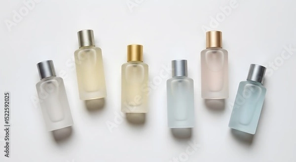 Fototapeta Assorted Pastel Perfume Bottles with Various Caps and Colors. Mockup image

