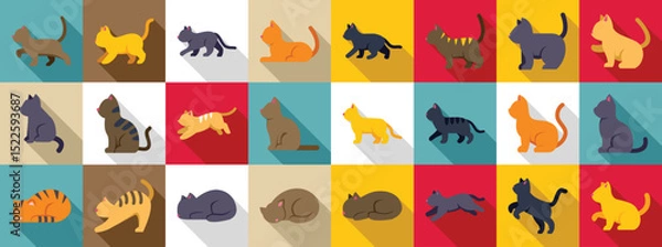 Fototapeta Behavior cat icons set. Adorable cats exhibiting various playful poses and activities, presented as a collection of colorful flat design icons