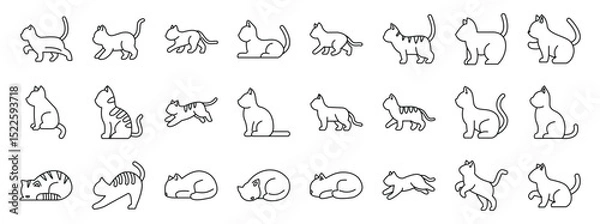 Obraz Behavior cat icons set. Minimalist cat illustrations depicting various feline activities, from walking and running to sitting, sleeping, and playing