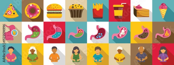 Fototapeta Bloating icons set. Diverse individuals experiencing stomach problems after consuming various junk food items, highlighting the negative impact of unhealthy eating habits on digestive health