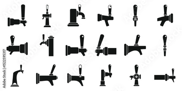 Fototapeta Beer taps icons set. Different styles of beer tap handles, showcasing diverse designs for pouring draft beer