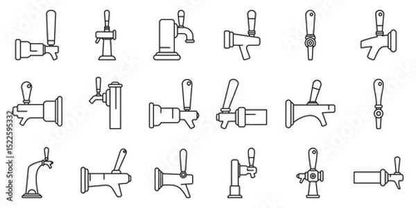 Fototapeta Beer taps icons set. Beer tap handles, dispensing refreshment, one pint at a time, a collection of various beer tap handles