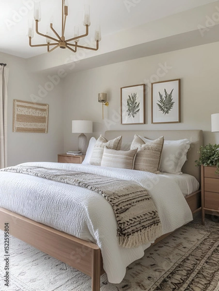 Obraz A Scandinavian-style bedroom with a neutral color palette, clean lines, and soft textiles