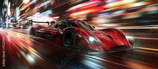 Fototapeta Red sports car, dynamic motion, light streaks enhancing speed, blurred cityscape