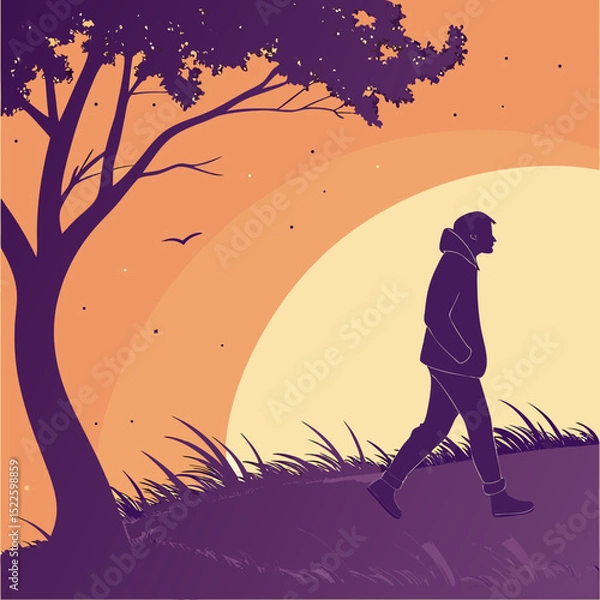 Fototapeta "Silhouette of a Boy walking Beside a Tree – Emotional Nature Vector"
