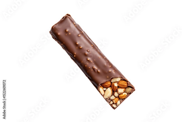 Obraz Chocolate Almond Delight: A close-up view of a single, enticing chocolate bar reveals a medley of nuts and creamy, rich chocolate. A tasty energy bar, perfect for a quick snack or indulgent treat.