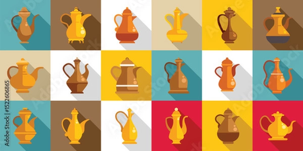 Fototapeta Old arabic teapot icons set. Colorful flat design icons of teapots and coffee pots, showcasing diverse styles from around the world, ideal for representing tea and coffee culture