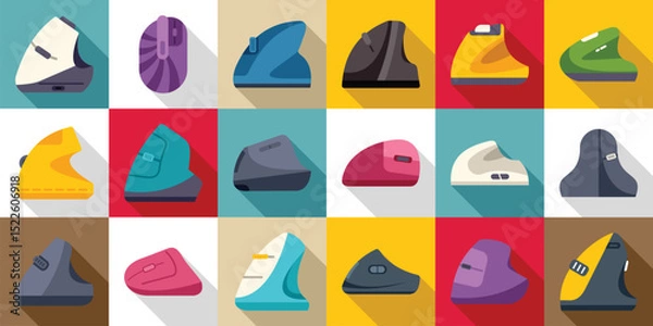 Obraz Vertical computer mouse icons set. Ergonomic computer mice in various shapes and colors, promoting comfortable and healthy hand positioning during prolonged computer use
