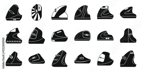 Fototapeta Vertical computer mouse icons set. Collection of ergonomic computer mice designed to support wrist health and prevent carpal tunnel syndrome, improving comfort and productivity for computer users