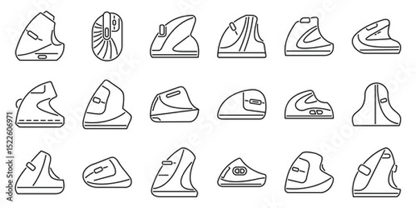 Obraz Vertical computer mouse icons set. Ergonomic vertical mice promoting comfortable and healthy wrist posture during computer use, reducing strain and enhancing productivity