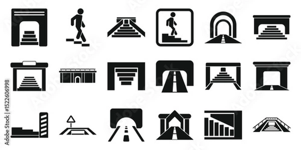 Fototapeta Underpass icons set. Set of underground crossing and tunnel entrance icons representing various access points, including stairs, roads, and passageways for pedestrians and vehicles