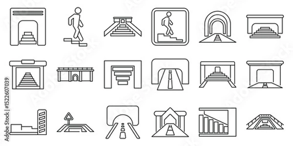 Fototapeta Underpass icons set. Line art icons representing various types of underground passages, subways, and pedestrian tunnels, emphasizing accessibility and urban infrastructure