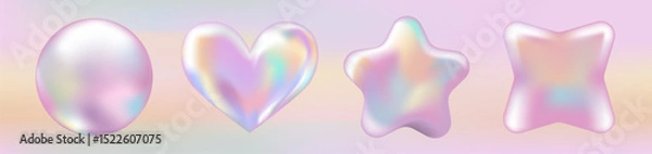 Obraz 3D Pink Hologram Mockup set: stickers, labels, stamps with different shapes. Chrome abstract badge, certificate and coupon in Y2K style on Gradient background.