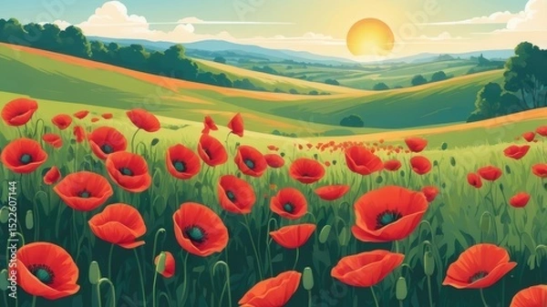 Obraz field of poppies. poppy field with green hills and mountains at sunset or sunrise