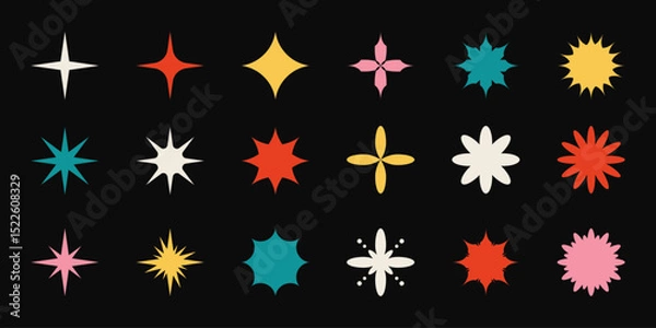 Fototapeta Brutalism shapes of blinks, stars and flower, set of retro stickers and geometric design elements. Vector abstract art, vintage figures and flat decorations.
