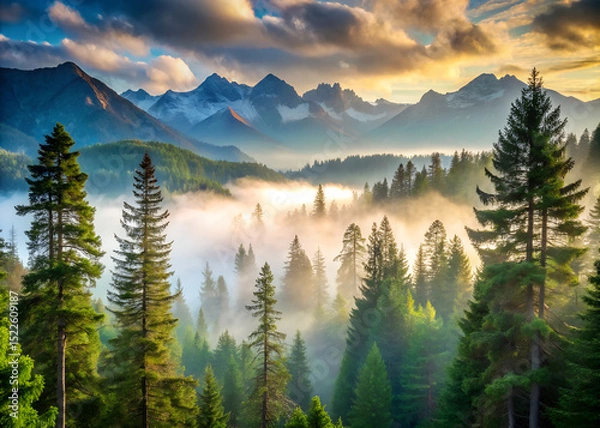 Fototapeta serene forest view with towering pine trees and misty mountains in the background 