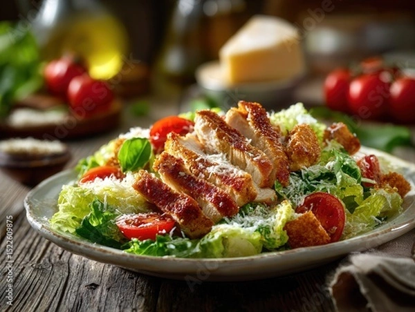 Obraz Delicious Chicken Caesar Salad with Fresh Ingredients and Parmesan Cheese