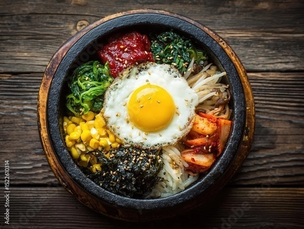 Obraz Delicious Bibimbap: A Colorful Korean Rice Bowl with Fresh Vegetables and Egg