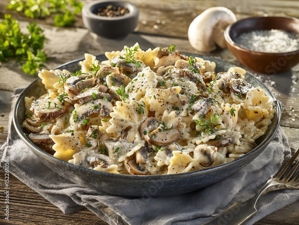 Obraz Delicious Creamy Mushroom Pasta with Farfalle on a Rustic Wooden Table
