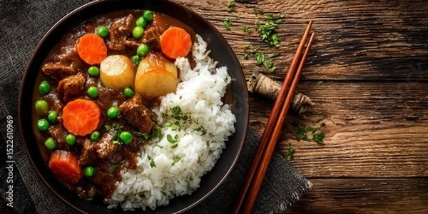 Obraz Delicious Beef Stew with Vegetables and Rice on a Rustic Wooden Table