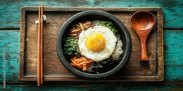 Obraz Delicious Bibimbap with Fried Egg and Vegetables Served in a Stone Bowl