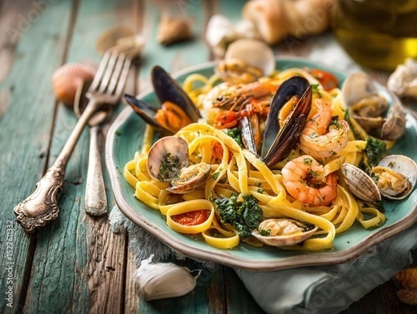 Obraz Delicious Seafood Linguine with Fresh Ingredients on Rustic Wooden Table