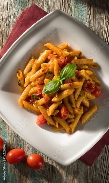 Obraz Delicious Penne Pasta with Fresh Tomatoes and Basil on Rustic Wooden Table