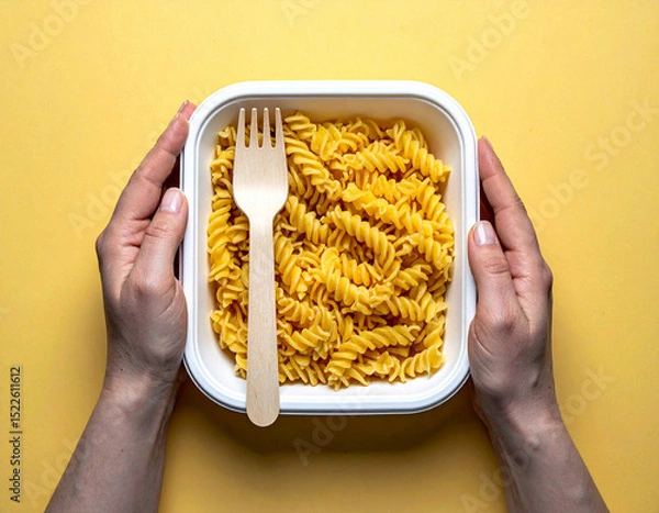Obraz Two hands hold a white bowl filled with twisty pasta. The vibrant yellow background enhances the simplicity and comfort of a delicious meal.