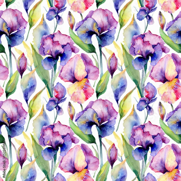Fototapeta A seamless abstract watercolor floral patterns with irises.  Botanical watercolour painting backgrounds.