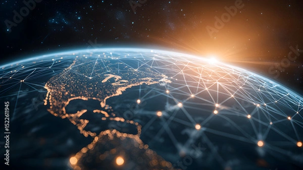 Obraz A digital network connects the globe as the sun rises over North America, symbolizing global communication and technology.