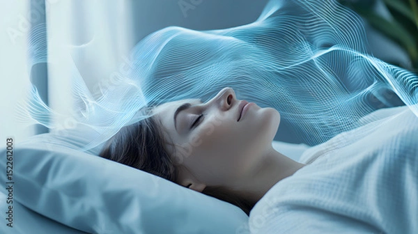 Obraz A woman peacefully sleeps in bed as digital blue waves flow above her, symbolizing dreams or brain activity.