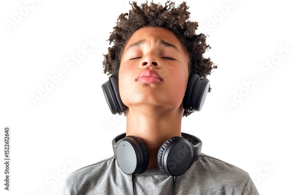 Fototapeta Portrait of a teenage mixed-ethnicity boy with headphones around his neck reacting to a funny message, isolated against on PNG transparent and white background. Ideal for social media, tech ads, youth