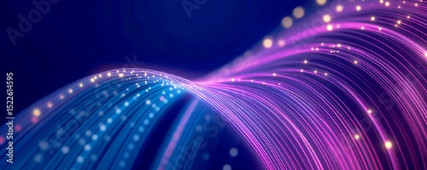 Fototapeta Abstract background of glowing fiber optic cables. Luminous blue and purple lines carry streams of data particles, conveying speed, technology, and communication.
