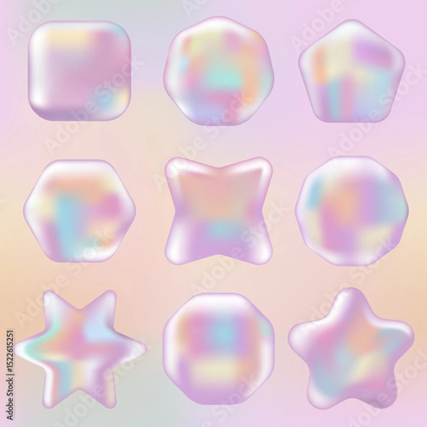 Fototapeta 3D Pink Hologram Mockup set: stickers, labels, stamps with different shapes. Abstract Chrome badge, certificate and coupon in Y2K style on Gradient background.