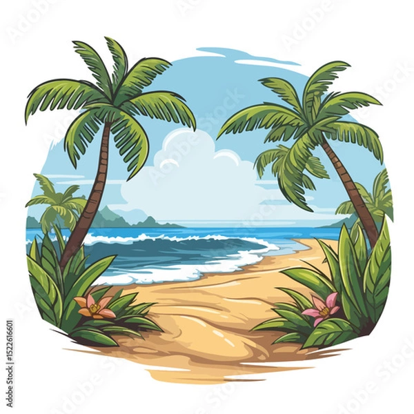 Obraz Tropical Beach and Summer View Scenery with Leaves Cartoon Illustration