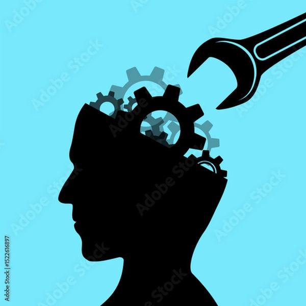 Obraz Wrench tool repairs gears in human head. Vector illustration
