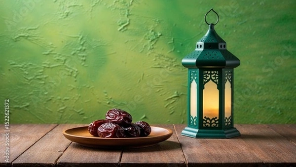 Fototapeta Green lantern casting light over dates on rustic table.