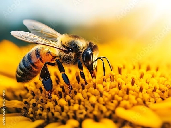Obraz A honeybee gathering nectar from a bright yellow flower
