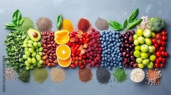 Obraz Weekly nutrition plan visual  a balanced approach with diverse food groups and portion sizes