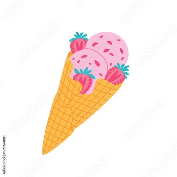 Obraz Strawberry ice cream in a waffle cone. Flat style berry fruit dessert vector illustration