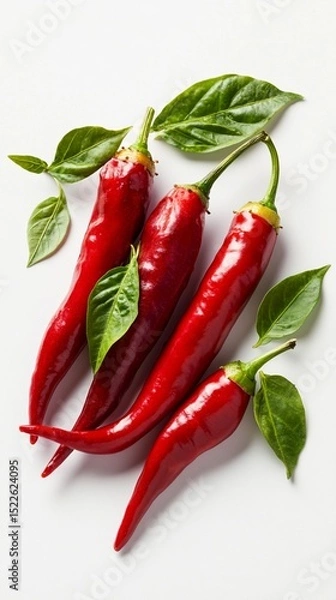 Fototapeta Fresh red chili peppers paired with vibrant basil leaves create a visually striking composition that adds color and flavor to any culinary setting or food styling project.